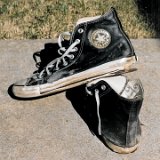 Trashed High Top Chucks  Left outside and rear views of trashed black leather jewel high tops.