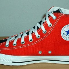 Red/Black 2-Tone High Top Chucks  Red and black right 2-tone high top, inside patch view.