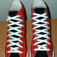 Red/Black 2-Tone High Top Chucks  Red and black 2 tone high tops, new with tag, top view.