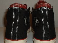 Black and Brick Red Double Upper High Top Chucks  Rear view of black and brick red double upper high tops.
