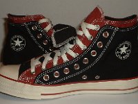 Black and Brick Red Double Upper High Top Chucks  Inside patch views of black and brick red double upper high tops.