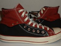 Black and Brick Red Double Upper High Top Chucks  Outside views of folded down black and brick red double upper high tops.