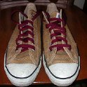 Brad Deniston Collection of Chucks  Top view of burlap low club chucks with maroon laces.