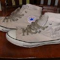 Brad Deniston Collection of Chucks  Left side view of tan cargo high tops.