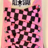 Black and Pink Checkered Shoelaces on Chucks  Pink low top chuck with black and pink checkered shoelaces.