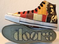 The Doors High Top Chucks  Outside and sole views of orange and tan patches Doors high tops.