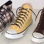 Narrow Round Shoelaces  Plaid and yellow high tops with narrow black shoelaces, chocolate brown high top with brown shoelaces.