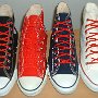 Narrow Round Shoelaces  Core color high top chucks with narrow red laces.