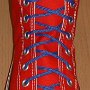 Narrow Round Shoelaces  Red high top with narrow royal blue laces.