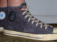 The Ramones High Top Chucks  Standing in a pair of Ramone's high tops with hemp laces, right side view.