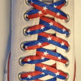 Red, White and Blue Shoelaces on Chucks  Optical White low top chuck with Red and Blue Stripe plus White Star print shoelaces.