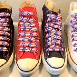 Red, White and Blue Shoelaces  Core color high top chucks with wide print red, white and blue laces.