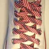 Red, White and Blue Shoelaces on Chucks  Optical White high top chuck with Stars and Stripes retro weave shoelaces.