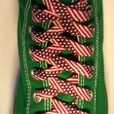 Red, White and Blue Shoelaces on Chucks  Bright Green high top chuck with Stars and Stripes retro weave shoelaces.