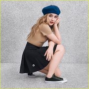 Sabrina Carpenter  Sabrina in a chic Converse skirt, beret, and black low top chucks with black shoelaces.