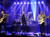Walk the Moon  The band performing on The Tonight Show (starring Jimmy Fallon). Pictured: (left to right) Eli Maiman, Nicholas Petricca, Sean Waugaman and Kevin Ray. (Photo by: Douglas Gorenstein/NBC) : 2010's, 2014-2015, Color Image, Episodic, Indoor, Talk Show, Late Night, Season 2, NUP_167453, Airdate 02/19/2015, Select