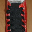 Fat (Wide) Black Shoelaces on Chucks  Red and black 2-tone high top with wide black laces.