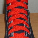 Fat (Wide) Red Shoelaces on Chucks  Navy blue high top with wide red laces.