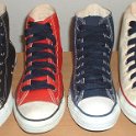 Fat (Wide) Navy Blue Shoelaces on Chucks  Core color high tops with wide navy blue laces.