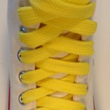 Fat (Wide) Yellow Shoelaces on Chucks  Natural white high top with yellow wide shoelaces.