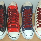 Fat (Wide) Burgundy (Maroon) Shoelaces on Chucks  Core color high tops with fat burgundy laces.