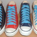 Fat (Wide) Sky Blue Shoelaces on Chucks  Core color high top chucks with fay sky blue shoelaces.
