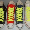 Fat (Wide) Neon Yellow Shoelaces on Chucks  Core color high top chucks with fat neon yellow shoelaces.
